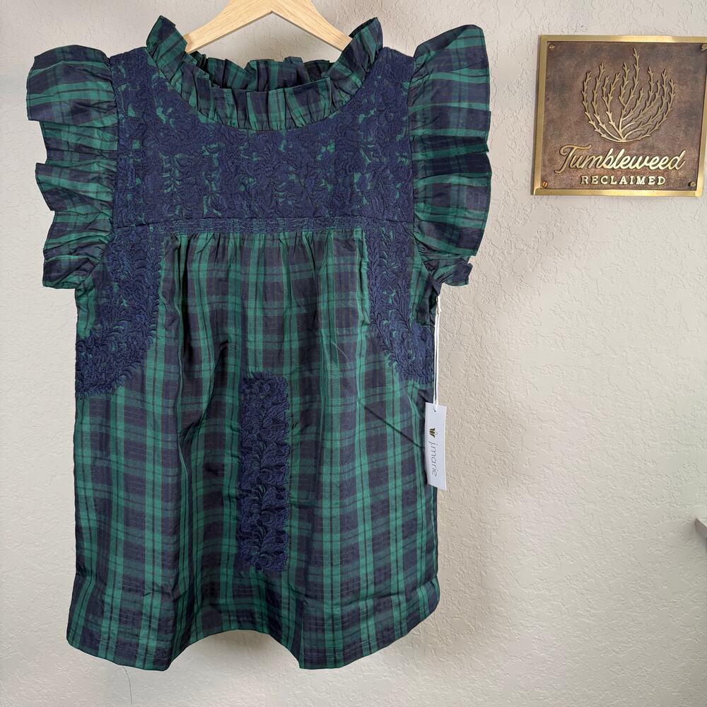 Women's J.Marie Green and Blue Plaid Embroidered Ruffle Sleeve Blouse Size S NEW